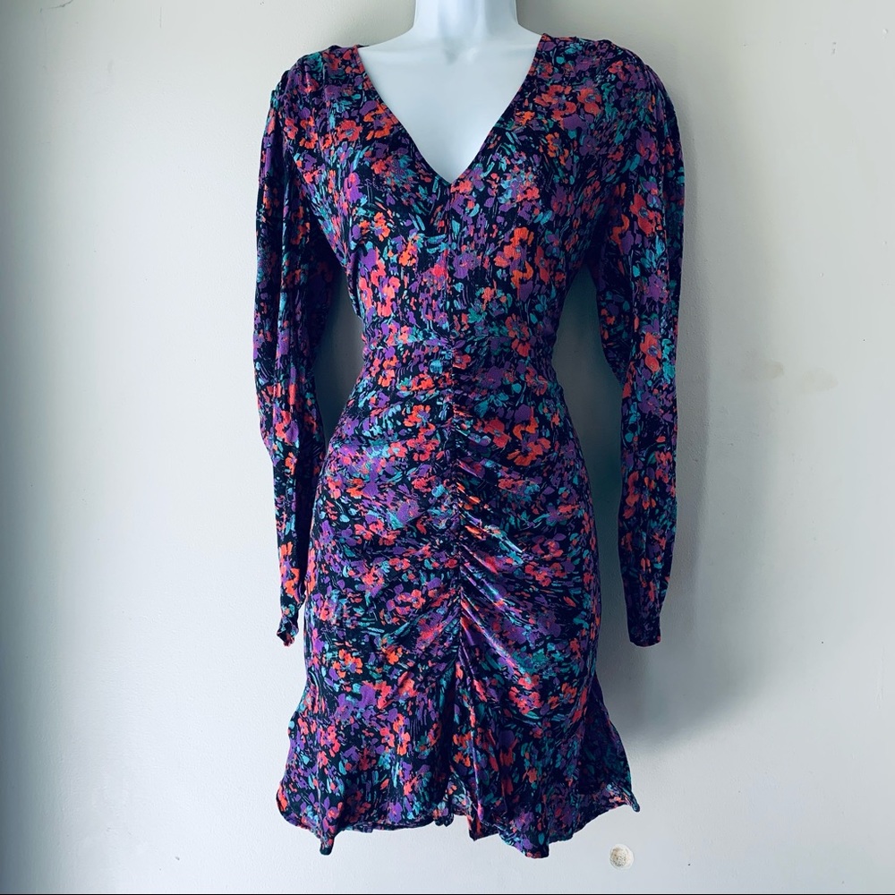 🇪🇸 ZARA crepe floral purple, black, red and teal minidress puff sleeves size M